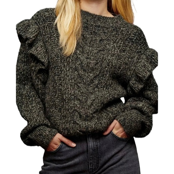 Topshop Sweater Size XS 0/2 Gray Ruffle Puff Longsleeve Cableknit High Neck - Picture 5 of 10